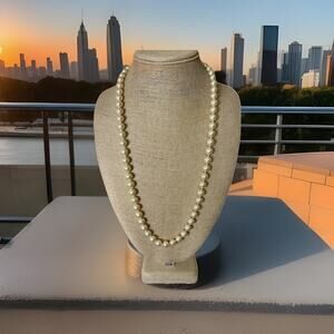 Lovely Imitation 31.5” Pearl Necklace W/ Safety Chain Marked 925.